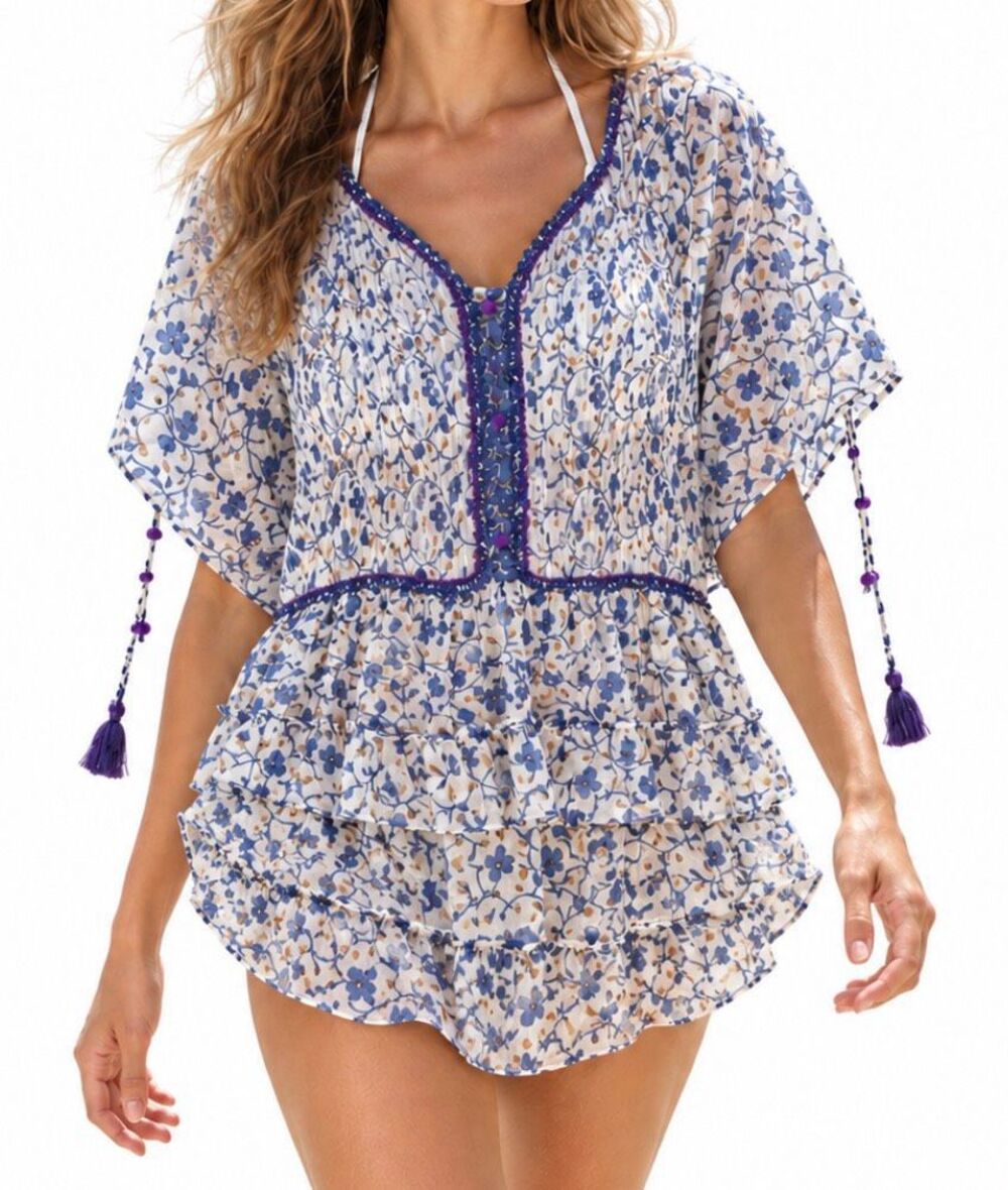 Poupette St Barth Blue Floral Cotton Mini Beach Cover Up OS